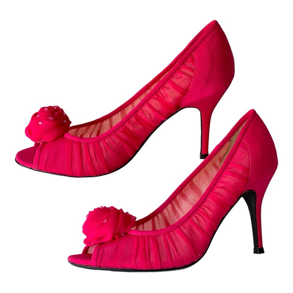 J.Renee Pink Heels Flower Rose Lace Mesh Formal Bridesmaid Prom Dress Heels, 8M